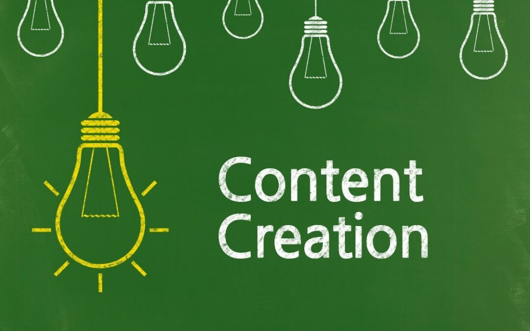 Green background with hanging light bulbs saying content creation