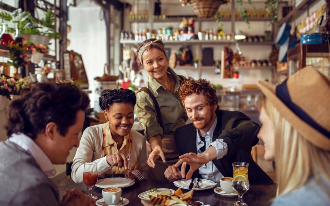 Canva-Zen 9 Marketing Restaurant SEO group of people dining with a friendly waitress serving the table