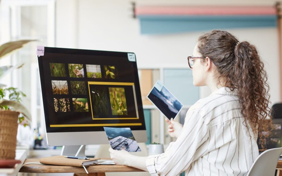 Canva-Zen 9 Marketing SEO for Photographers photographer sitting in front of her computer comparing her images