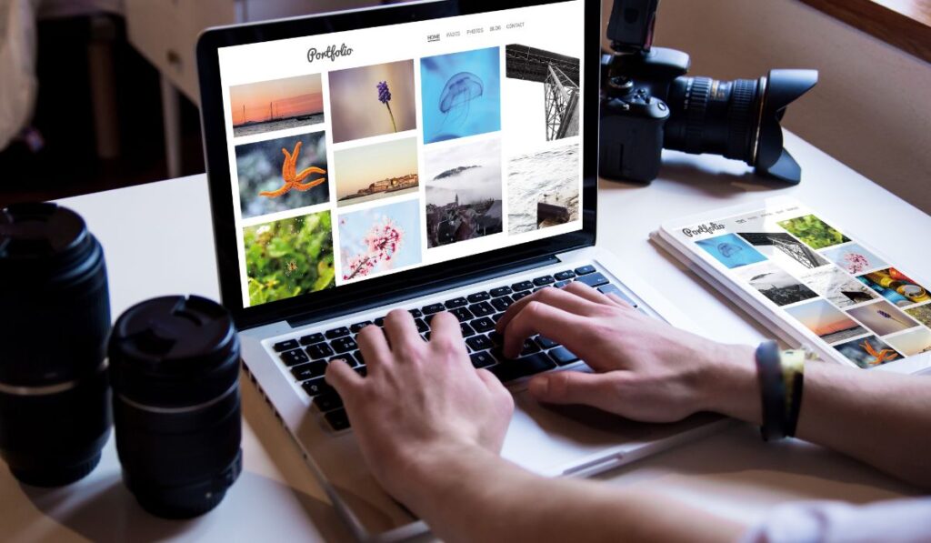 Canva-Zen 9 Marketing SEO for photographers person sitting at a laptop looking through a professional portfolio of images