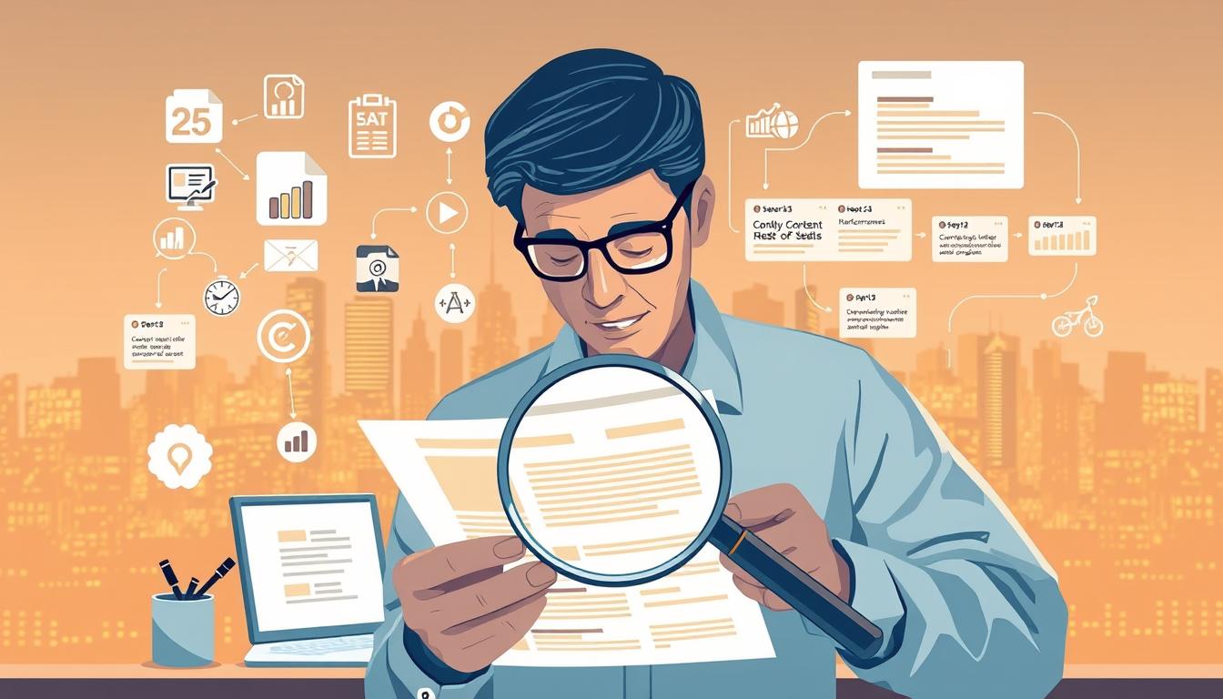 A digital illustration showcasing the strategies for optimizing thin content pages. In the foreground, a search engine optimization expert examines a thin web page through a magnifying glass, surrounded by various SEO icons and metrics. In the middle ground, a content optimization workflow unfolds, with steps like keyword research, content expansion, and internal linking. In the background, a city skyline represents the competitive online landscape, with search engine results pages visible in the distance. The lighting is soft and warm, evoking a contemplative atmosphere as the SEO specialist ponders solutions to the thin content challenge.