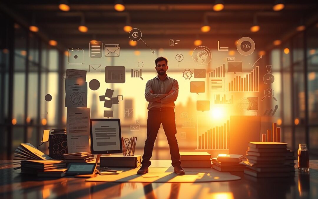 image of a man standing in an office with marketing strategy bubbles showing up around him