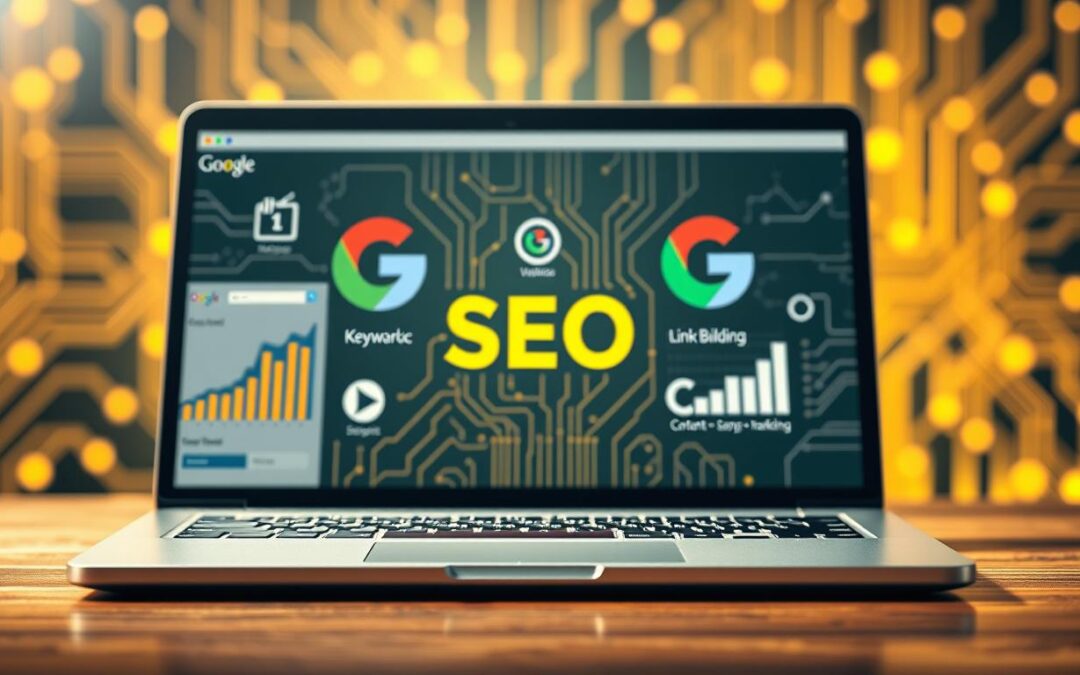 laptop with SEO images on it