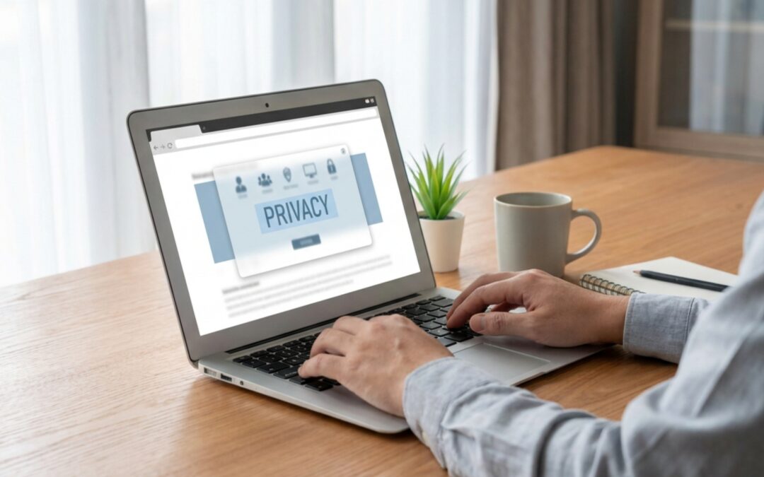 A person reviewing a website on a laptop at a modern desk, with a privacy consent banner visible on screen, representing CCPA compliance and website tracking for small businesses.