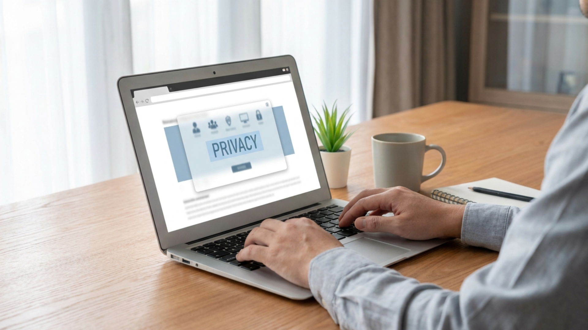 A person reviewing a website on a laptop at a modern desk, with a privacy consent banner visible on screen, representing CCPA compliance and website tracking for small businesses.
