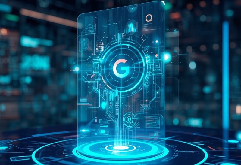 A futuristic representation of a screen popping up out of a table with a Google G in the middle Zen 9 Marketing